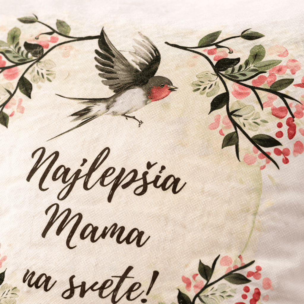 Dekoratívny vankúš „Najlepšia mama na svete!“ – kvetinový motív s vtáčikmi, biely – Obrázok 2