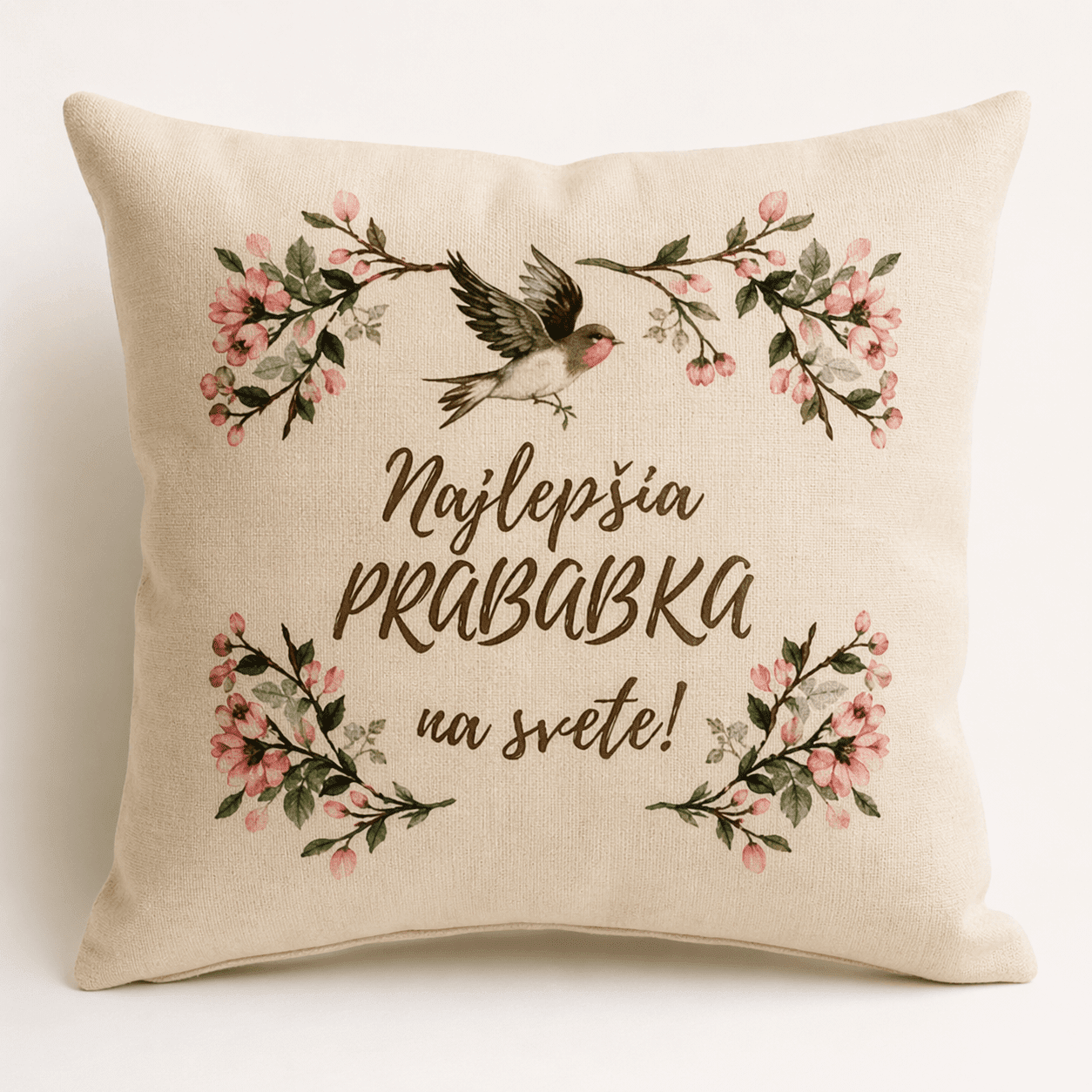 Dekoratívny vankúš pre prababku s kvetinovým motívom – Textúra ľanu