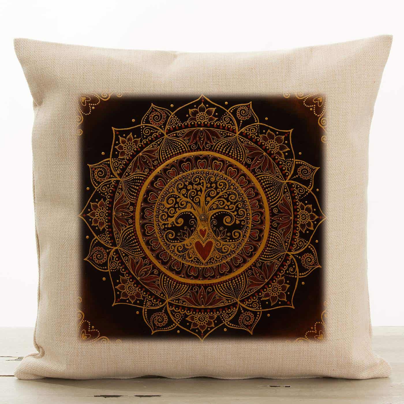 Vankúš mandala rodiny – textúra ľanu