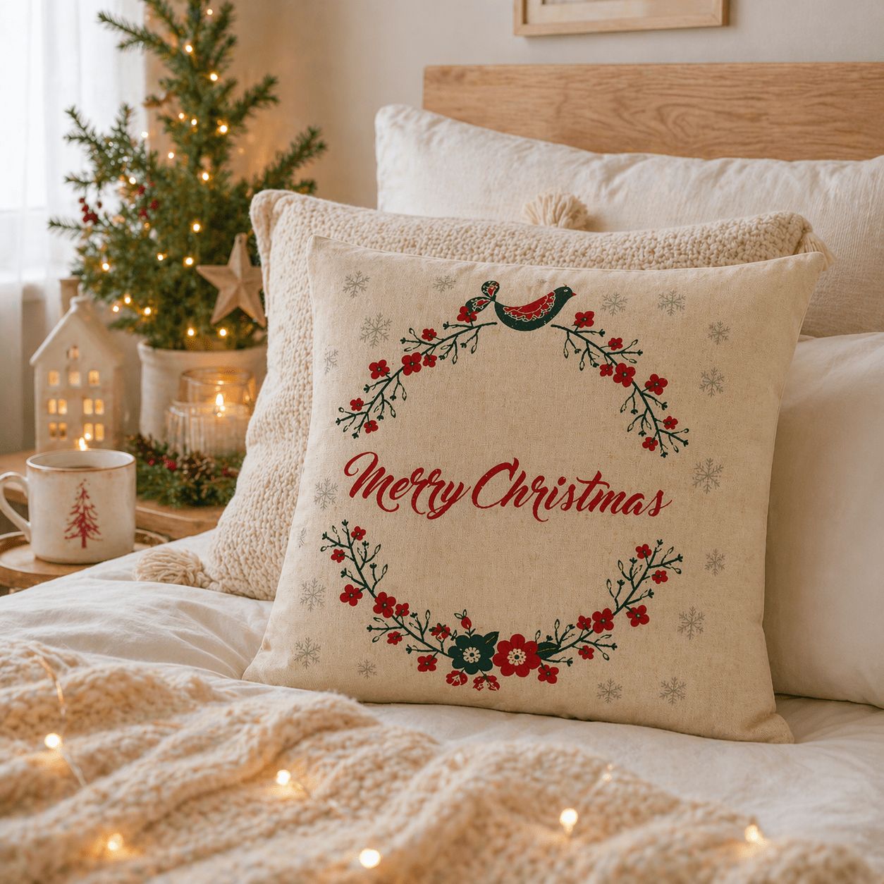 Dekoračný vianočný vankúš „Merry Christmas“ – Textúra ľanu – Obrázok 4
