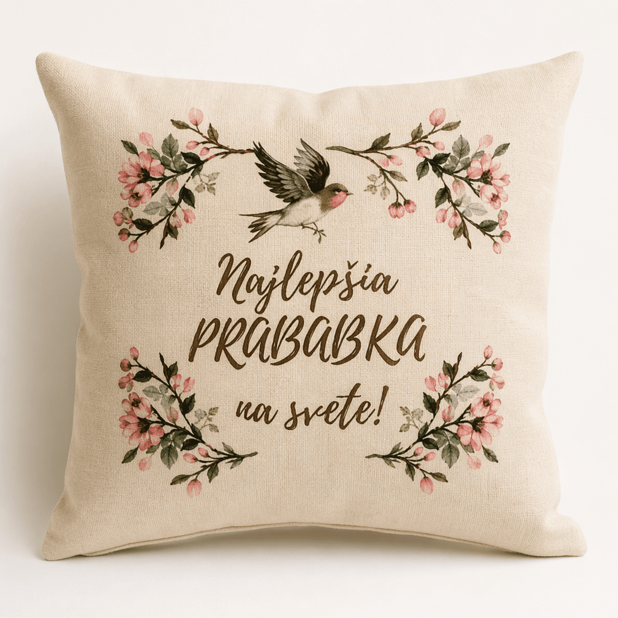Dekoratívny vankúš pre prababku s kvetinovým motívom – Textúra ľanu