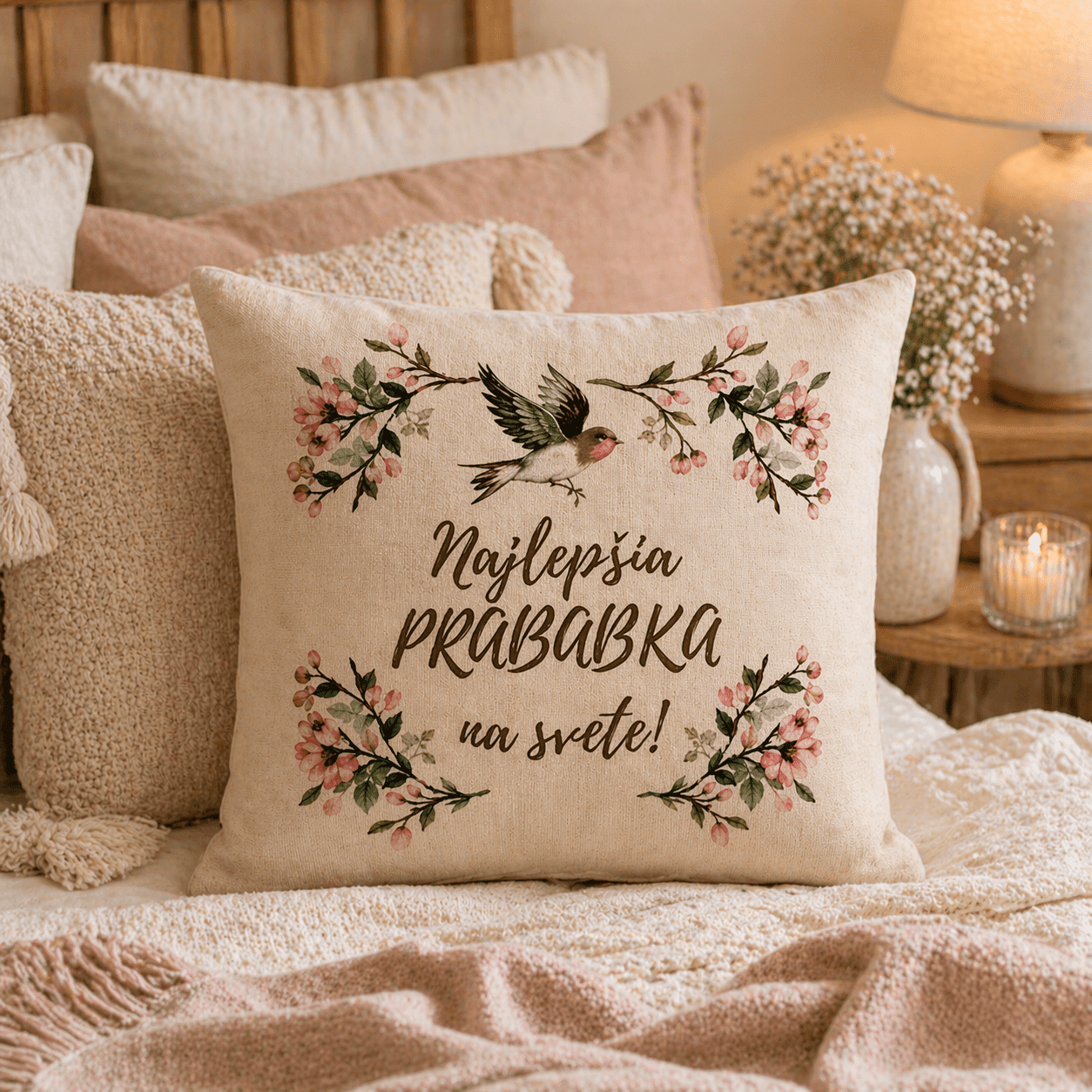 Dekoratívny vankúš pre prababku s kvetinovým motívom – Textúra ľanu – Obrázok 4