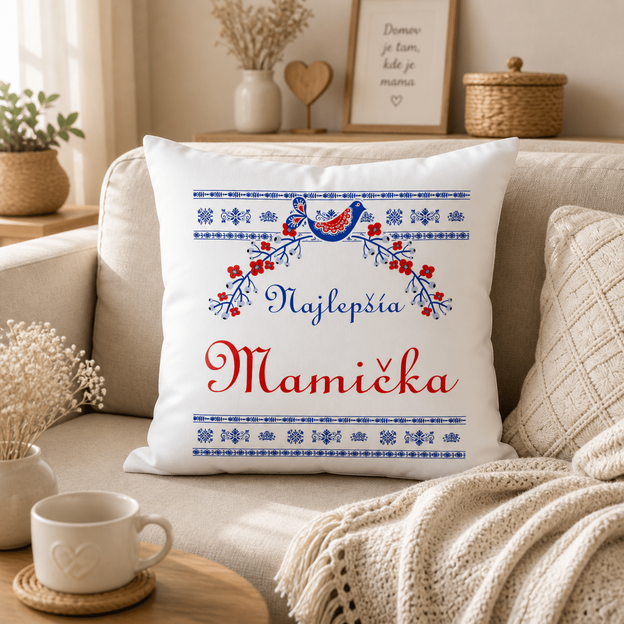 Dekoračný vankúš „Najlepšia Mamička“ s ľudovým motívom - Biely Gabardén – Obrázok 4