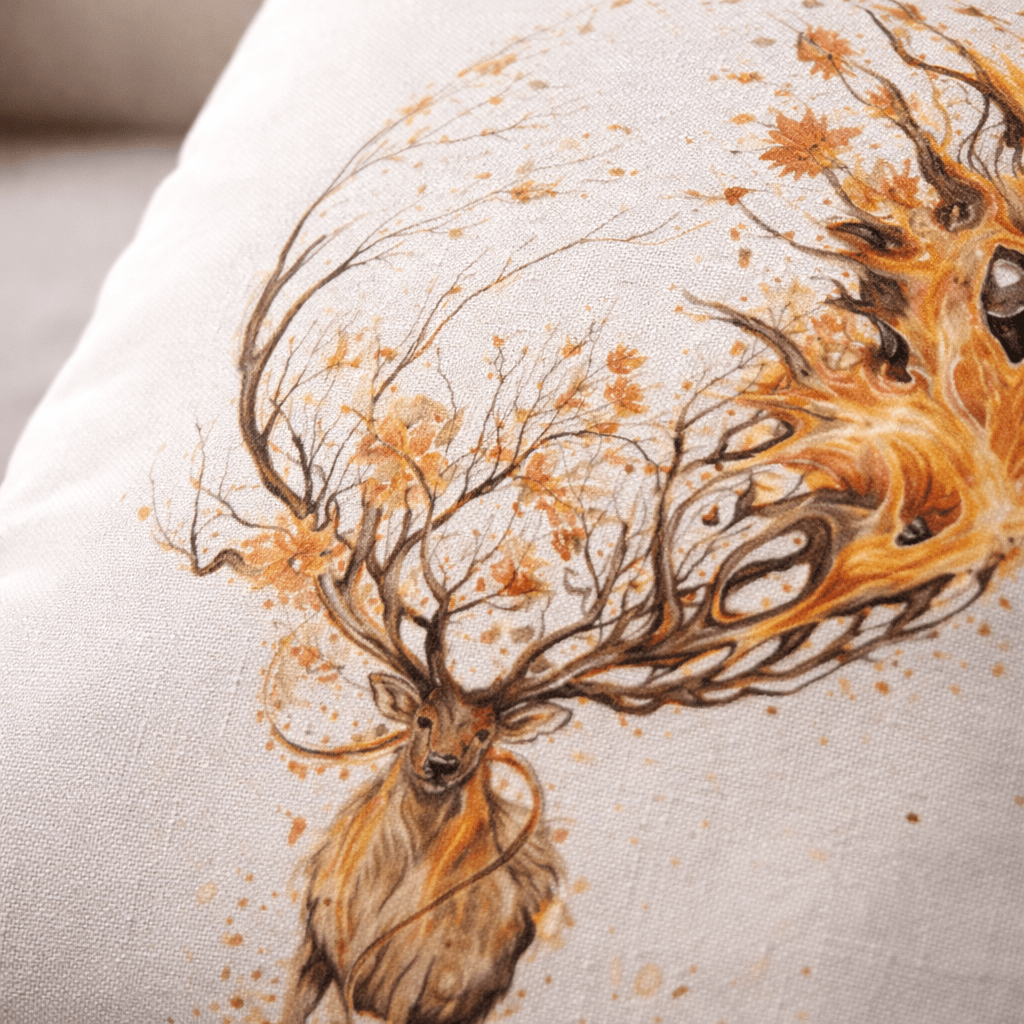Dekoratívny vankúš Jeleň s ohňom – biely gabardén s potlačou – Obrázok 2