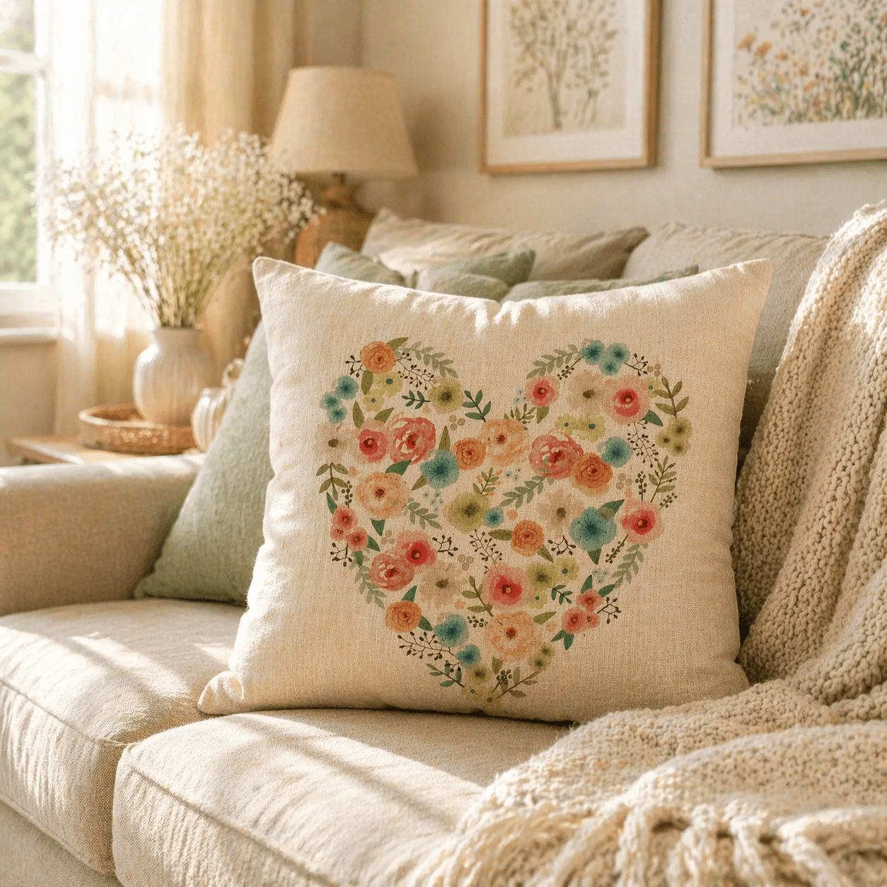 Dekoračný vankúš s kvetinovým srdcom – Textúra ľanu – Obrázok 4