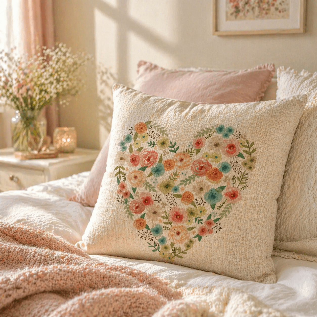 Dekoračný vankúš s kvetinovým srdcom – Textúra ľanu – Obrázok 3