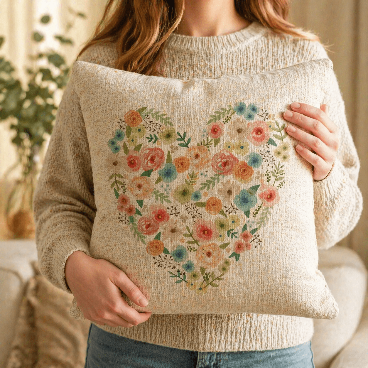 Dekoračný vankúš s kvetinovým srdcom – Textúra ľanu – Obrázok 2