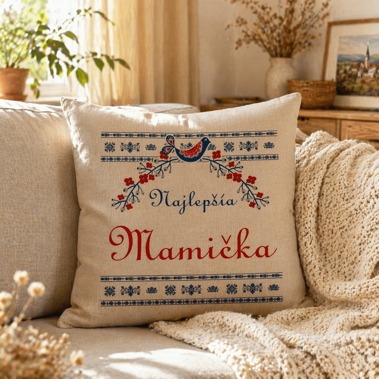 Dekoratívny vankúš ,,Najlepšia mamička" s ľudovým motívom – textúra ľanu – Obrázok 4