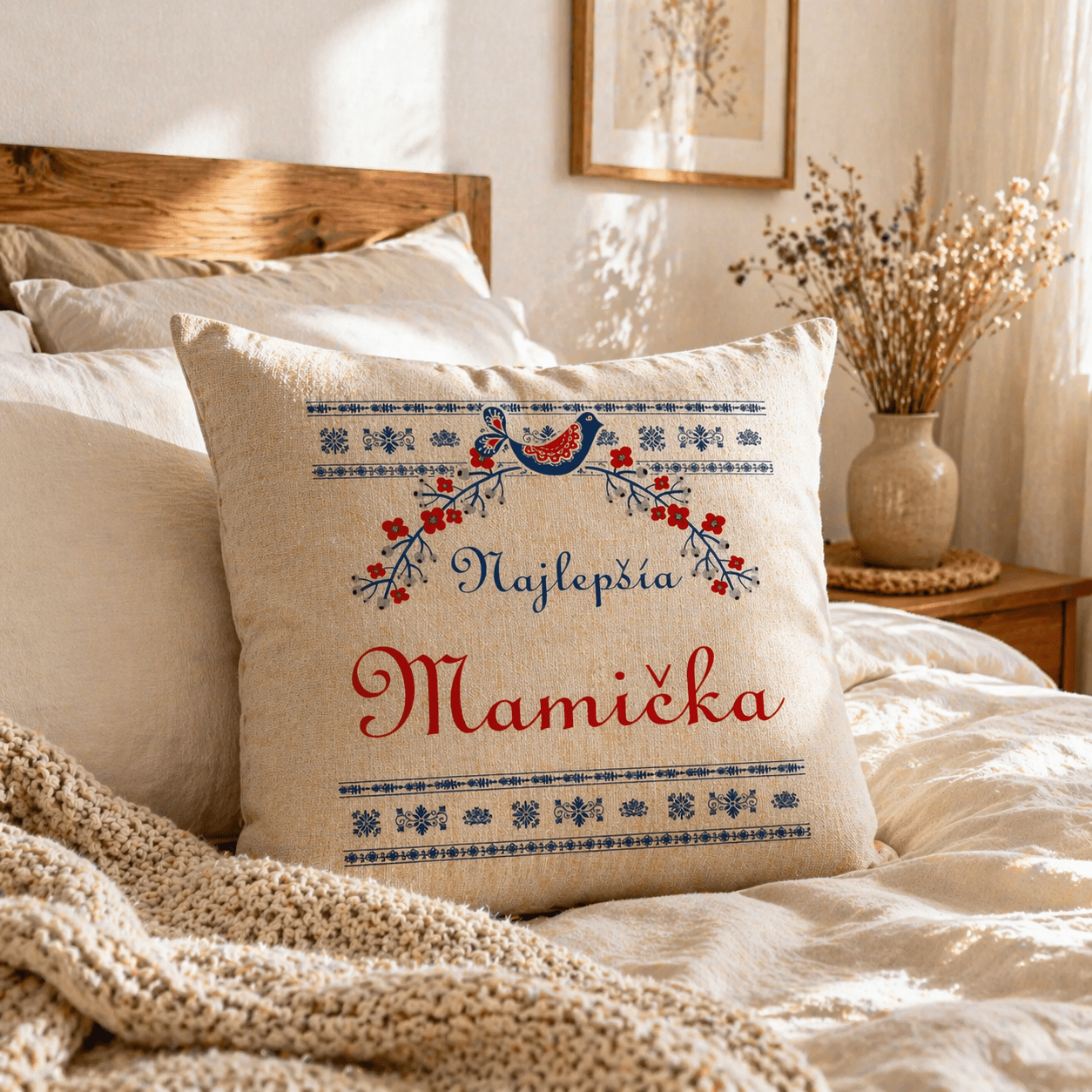 Dekoratívny vankúš ,,Najlepšia mamička" s ľudovým motívom – textúra ľanu – Obrázok 3