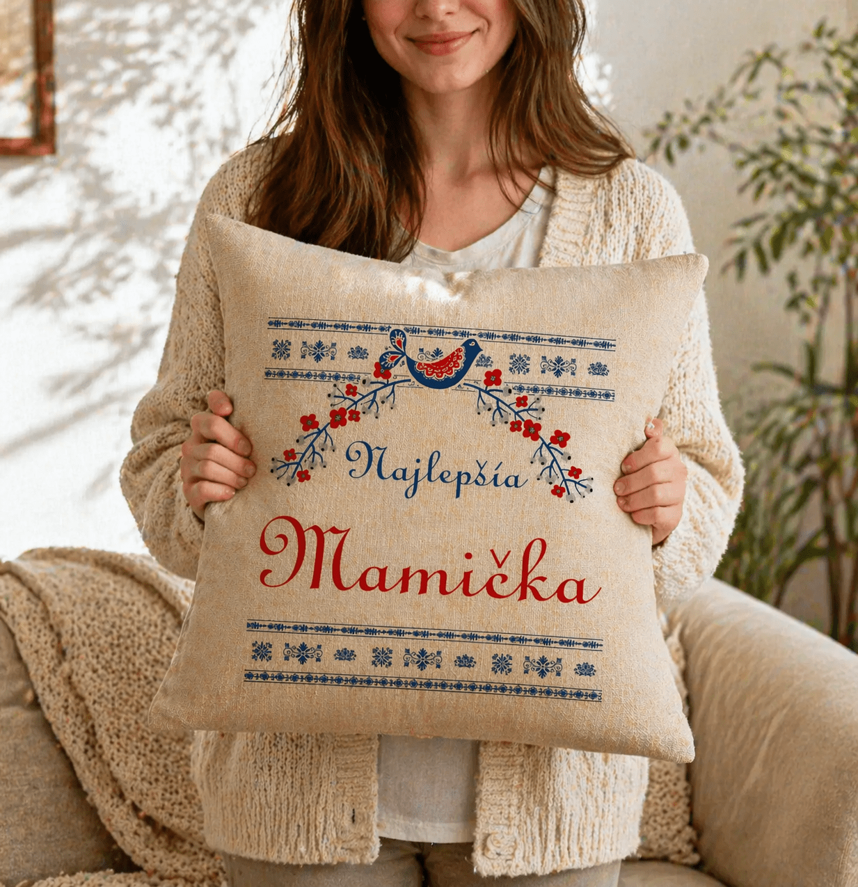 Dekoratívny vankúš ,,Najlepšia mamička" s ľudovým motívom – textúra ľanu – Obrázok 2